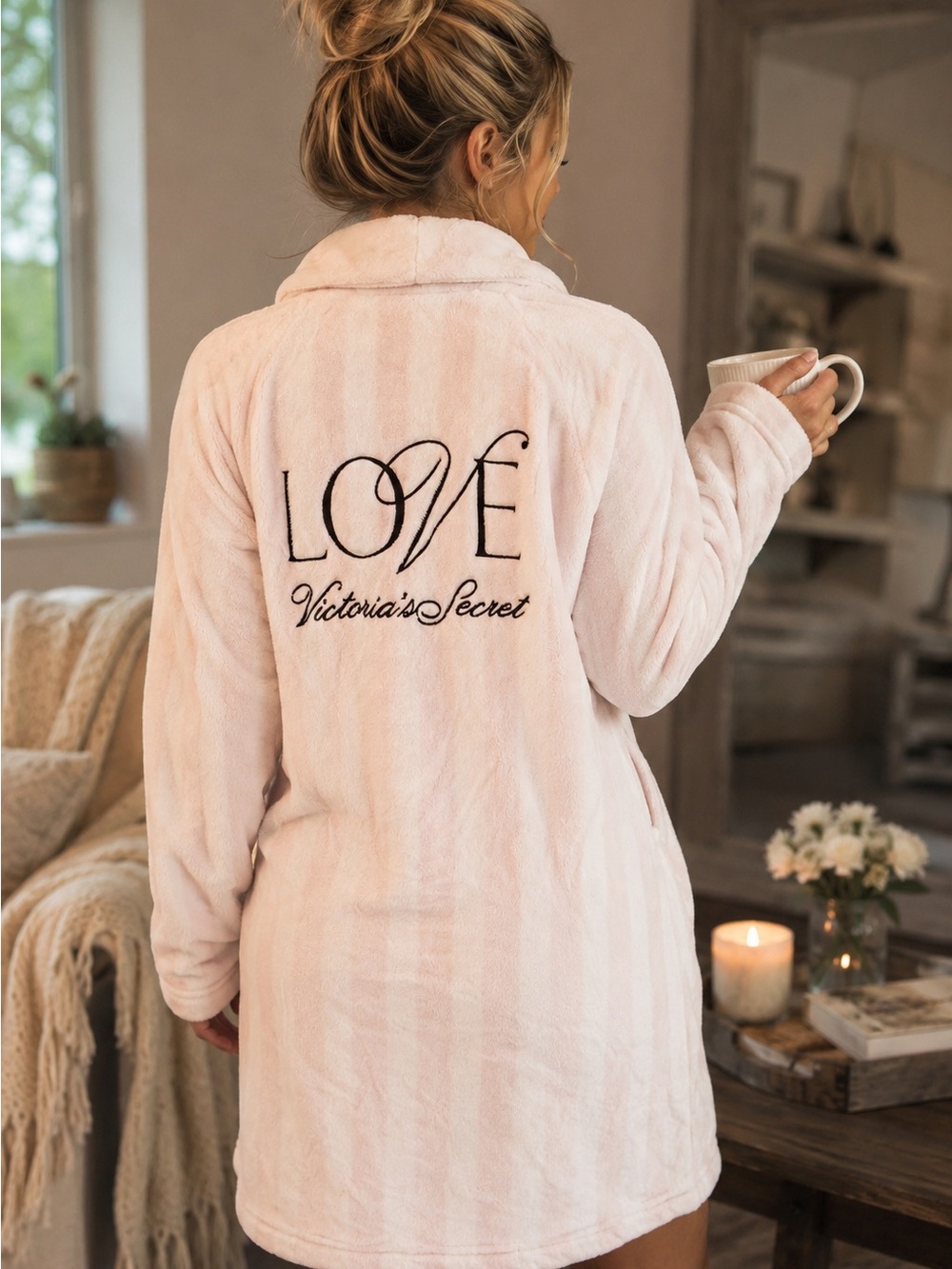 Victoria’s Secret LOVE Plush Fleece Robe Pink White Stripe M/L Quiet Luxury